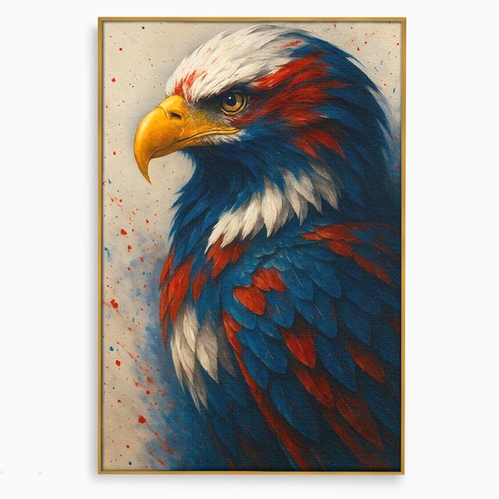 Tablou canvas cu tablou canvas cu vultur american pictat, in rama de aluminiu auriu